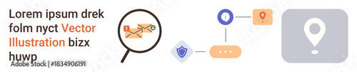 Email security, location tracking, navigation tools, digital workflows, online messaging, safety protocols. A magnifying glass over an email, GPS pin and security icon. Email security and location