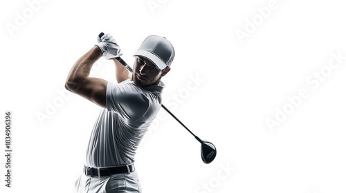 A golfer in white swinging a golf club against a black background in a studio setting with a cap on on transparent background