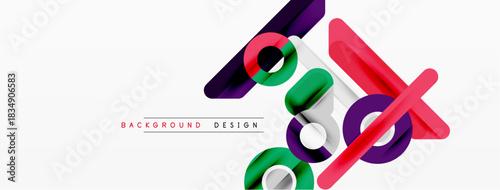 Abstract geometric shapes overlap, creating vibrant modern design. Colors include purple, pink, teal, navy. Minimalist style.