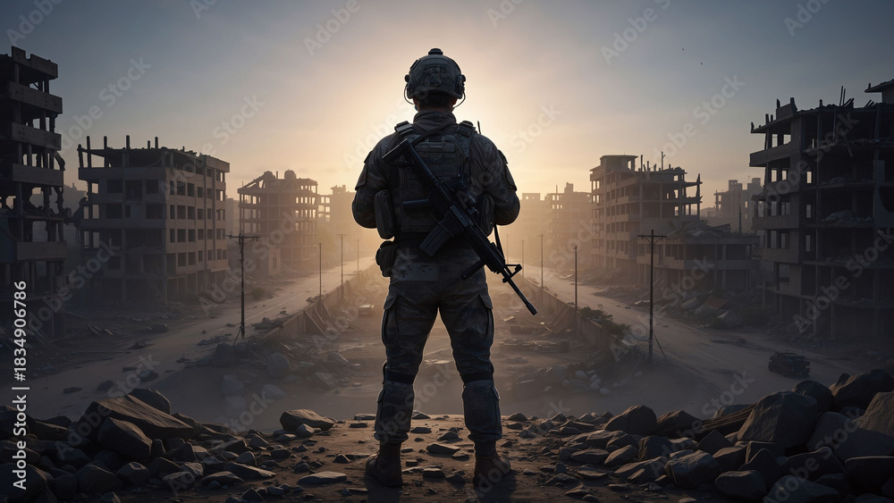Fototapeta premium Soldier in military uniform standing on rubble overlooking a destroyed city at sunset. Post-war scene depicting devastation and solitude.