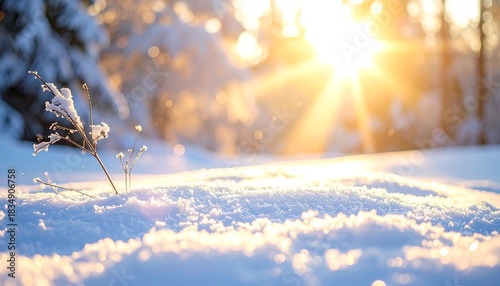 Winter sunbeams on snow-covered ground