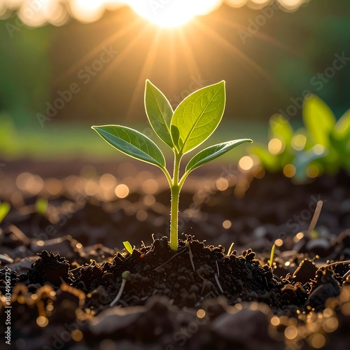 Close-up of a tiny seedling sprouting from rich, dark soil, bathed in warm sunlight. The background is blurred, showing additional greenery