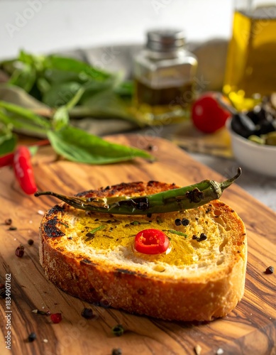 Close-up of a toasted bread slice topped with olive oil and chili peppers, on a wooden board. Ingredients and herbs surround