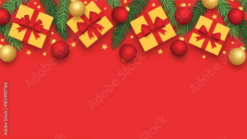 A festive Christmas border with yellow gift boxes, red and gold ornaments, and green fir branches on a red background with scattered gold stars.