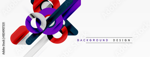 Abstract geometric shapes overlap, creating dynamic visual effect. Red, purple, white colors dominate composition. Modern design element.