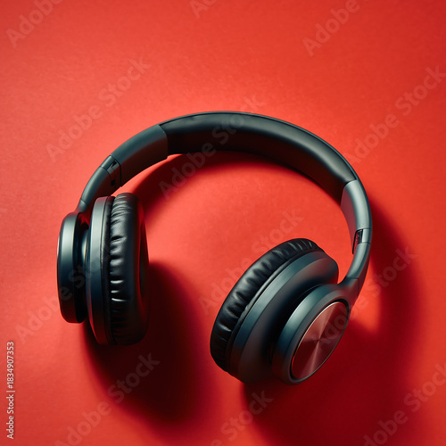 Sleek black wireless headphones resting on a striking red background, ready to deliver immersive audio experiences for music lovers and podcast enthusiasts