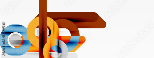 Abstract design features layered circles, rectangles, directional arrows. Warm colors dominate, creating modern visual impact.