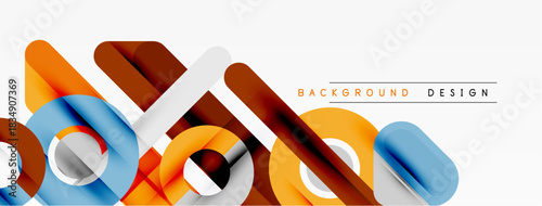 Abstract geometric shapes overlap, creating dynamic composition. Orange, blue, brown tones dominate white space. Modern design element.