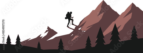 Inspiring mountain hike during vibrant sunset with silhouette hiker climbing peak