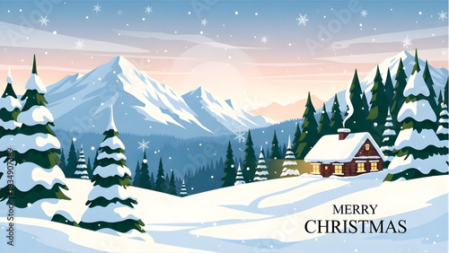 Winter Wonderland Christmas: A serene winter scene painted with snow-covered mountains, evergreen trees, and a cozy cabin warmly lit against a backdrop of falling snowflakes.