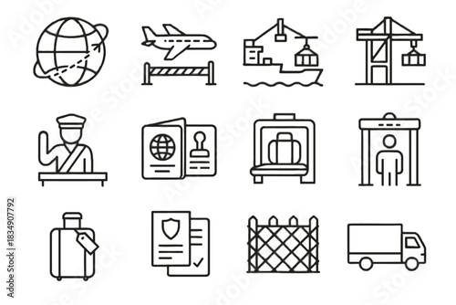 Cargo crane ship security suitcase icons customs globe international passport icon vector