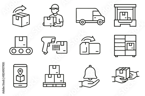 Bell returned icon vector belt box logistics conveyor pallet warehouse reverse icons
