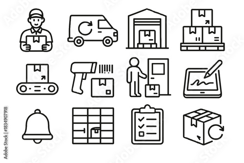 Returned vector parcel stack workflow bell picking belt icon locker icons checklist
