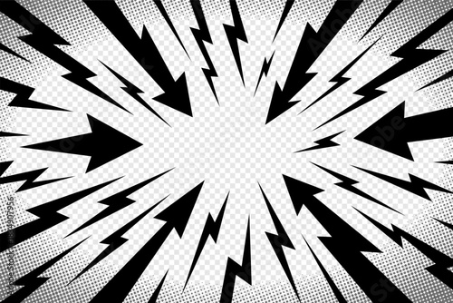 Thunder manga radial arrow vector with dotted comic shading. Thunder manga bg for anime speed motion, flash burst and energy strike. Abstract electric design element background.