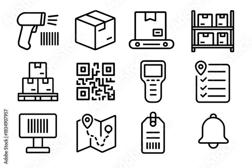 Display tag bell scanning handheld icons vector conveyor pallet package warehouse icon