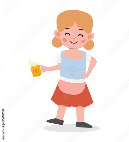 A cartoon girl in a dirndl holding a glass of beer with a cheerful expression on her face.