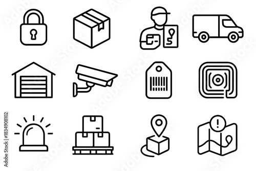 Device camera rfid alarm icons tag icon security warehouse package vector route