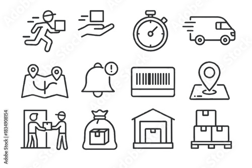 Courier delivery hand parcel map icon tracker warehouse route vector doorstep set