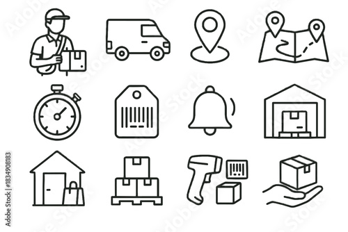 Stopwatch bell icon route map van courier notification vector warehouse icons doorstep