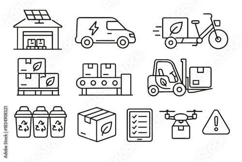 Package labels conveyor sustainable icon bins route supply notification vector eco forklift