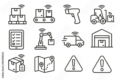 Notification icons pallet route icon conveyor tracking smart inventory package sensors logistics
