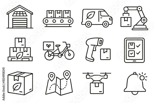 Stacked friendly icon delivery warehouse vector scanner symbol alert map pallets eco