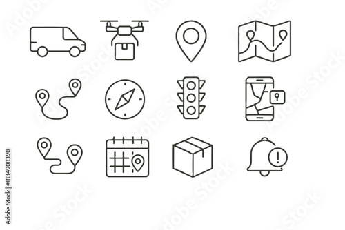 Pin set chart route optimization drone transport vector signals icon compass calendar