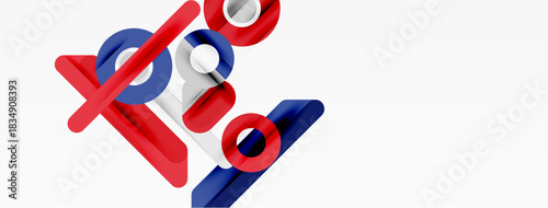 Abstract geometric shapes, red and blue cylinders intersect. Minimalist design, clean background, modern aesthetic. Simple composition.