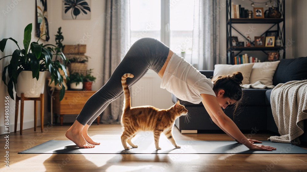 Naklejka premium Woman practicing yoga at home in downward dog pose with a cat walking beneath her. Wellbeing lifestyle and pets in family concept.