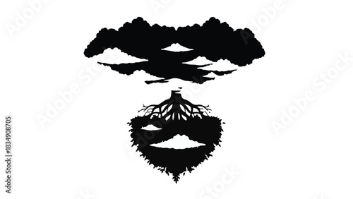 Mystical surreal landscape with roots and clouds forming a face