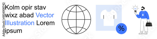 E-commerce, global trade, online shopping, creative ideas, discounts, business strategies. Globe, t-shirt icon with percent symbol and figure holding a lightbulb and briefcase. E-commerce and global