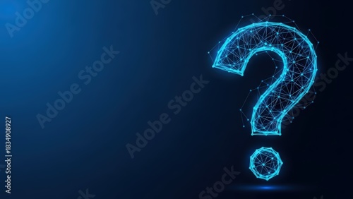 A glowing blue digital question mark formed from interconnected lines and dots on a dark background