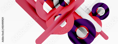 Abstract geometric shapes intersect. Red, purple, white forms create dynamic composition. Minimalist design, modern aesthetic.