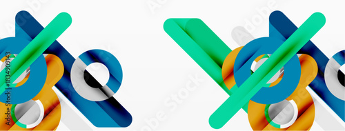 Abstract geometric shapes, vibrant colors, modern design. Overlapping cylinders, spheres create dynamic composition. Clean aesthetic.