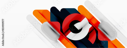 Abstract geometric shapes overlap, creating dynamic composition. Orange, white, navy colors dominate design. Modern aesthetic.