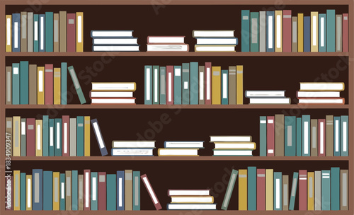 Organized bookcase with colorful books perfect for a library or study design