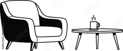 Modern armchair with coffee cup on table creates calm and relaxing atmosphere