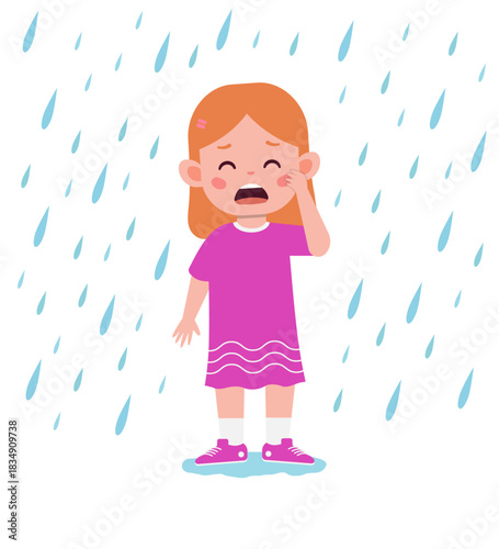 A cartoon girl standing in the rain with a sad expression on her face.