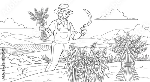 Farmer Harvesting Ripe Wheat with Sickle for Agriculture Industry Seasonal Food Production