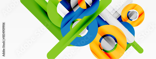 Abstract geometric shapes, vibrant colors, modern design. Smooth curves intersect, creating dynamic composition. Clean aesthetic.