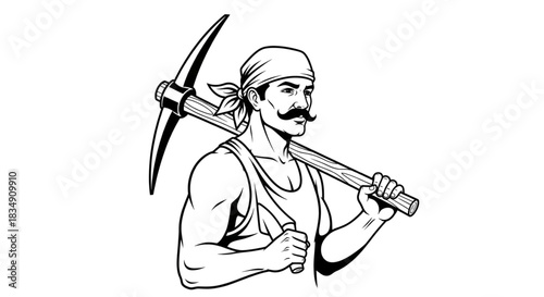 Rugged Miner Man with Pickaxe Ready for Hard Labor and Resource Extraction Work