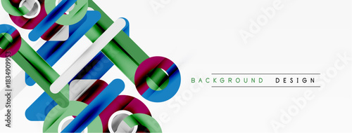 Abstract geometric shapes overlap, creating dynamic visual effect. Blue, green, gray tones dominate composition. Minimalist design.