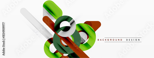 Abstract geometric shapes overlap. Green, orange, gray colors create dynamic composition. Clean design suitable for backgrounds.
