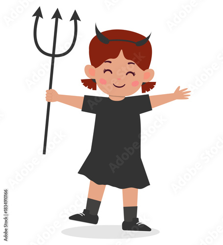 A cartoon girl dressed as a devil with a trident and horns on her head.