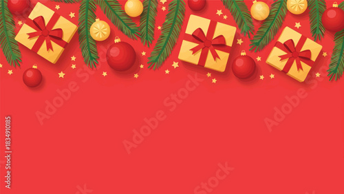 Festive Christmas background with gifts, ornaments, and fir branches.