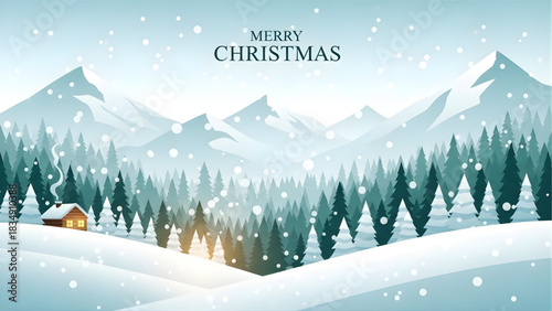 Christmas Mountain Scene: The illustration captures a serene winter landscape with snow-covered mountains, evergreen trees, and a cozy cabin, creating a festive Christmas atmosphere.