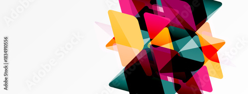 Abstract geometric shapes overlap, creating vibrant colorful composition. White space dominates left side. Modern design element.