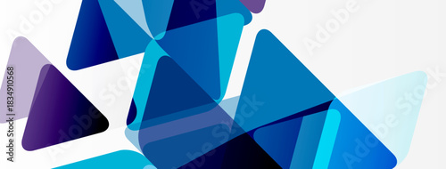 Abstract geometric shapes overlap. Blue, purple hues dominate composition. Minimalist design creates modern aesthetic. Clean lines, transparency visible.