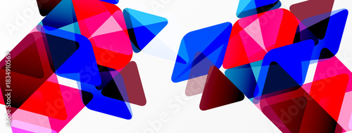 Abstract composition featuring overlapping triangles. Vivid pinks, blues, reds create dynamic visual texture. Minimalist design, clean background.