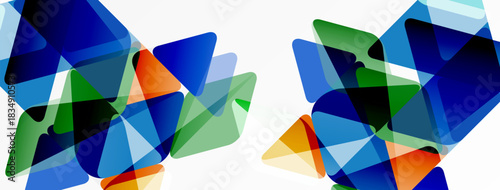 Abstract geometric shapes overlap, creating vibrant color fields. Blue, green, orange hues dominate composition. Modern design.